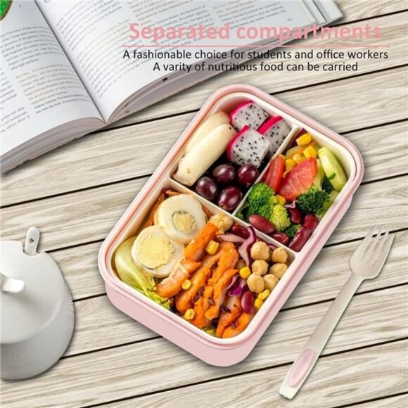 Bento Lunch Box 3 Compartment Meal Prep Container with Fork Spoon BPA Free - Picture 5 of 7
